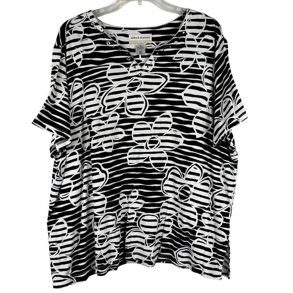 Alfred Dunner Striped Floral Short Sleeve Blouse 2X